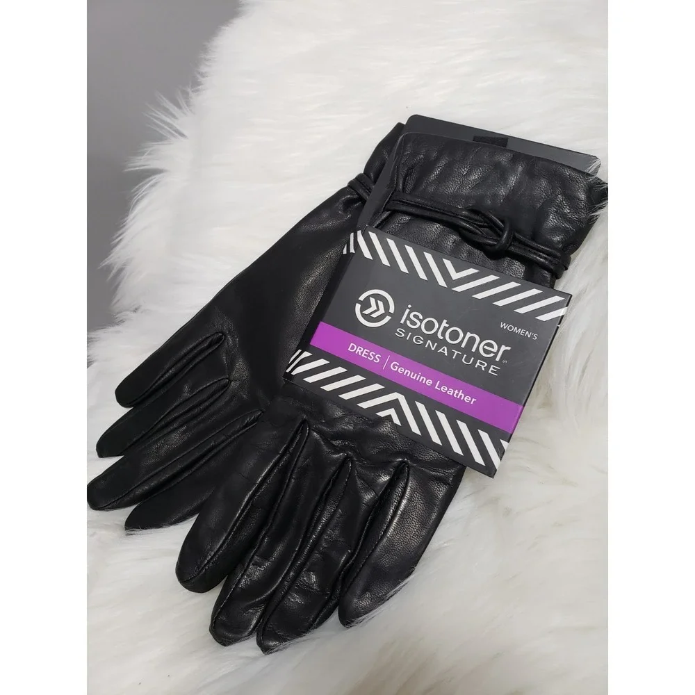 NEW SIZE 7.5 Isotoner Black Leather Womens Driving Gloves old money dress gothic - Picture 6 of 6